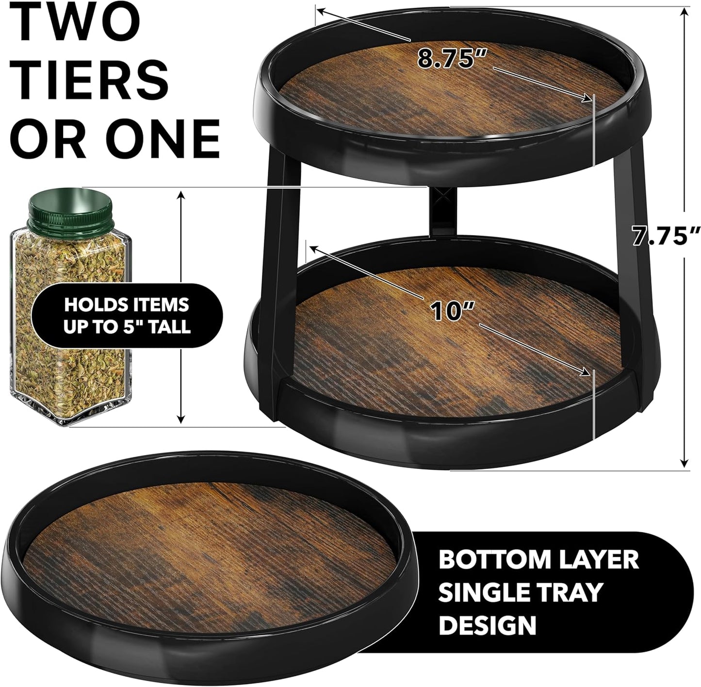 2-Tier Lazy Susan Spice Organizer, 10-Inch Diameter, Rustic Brown
