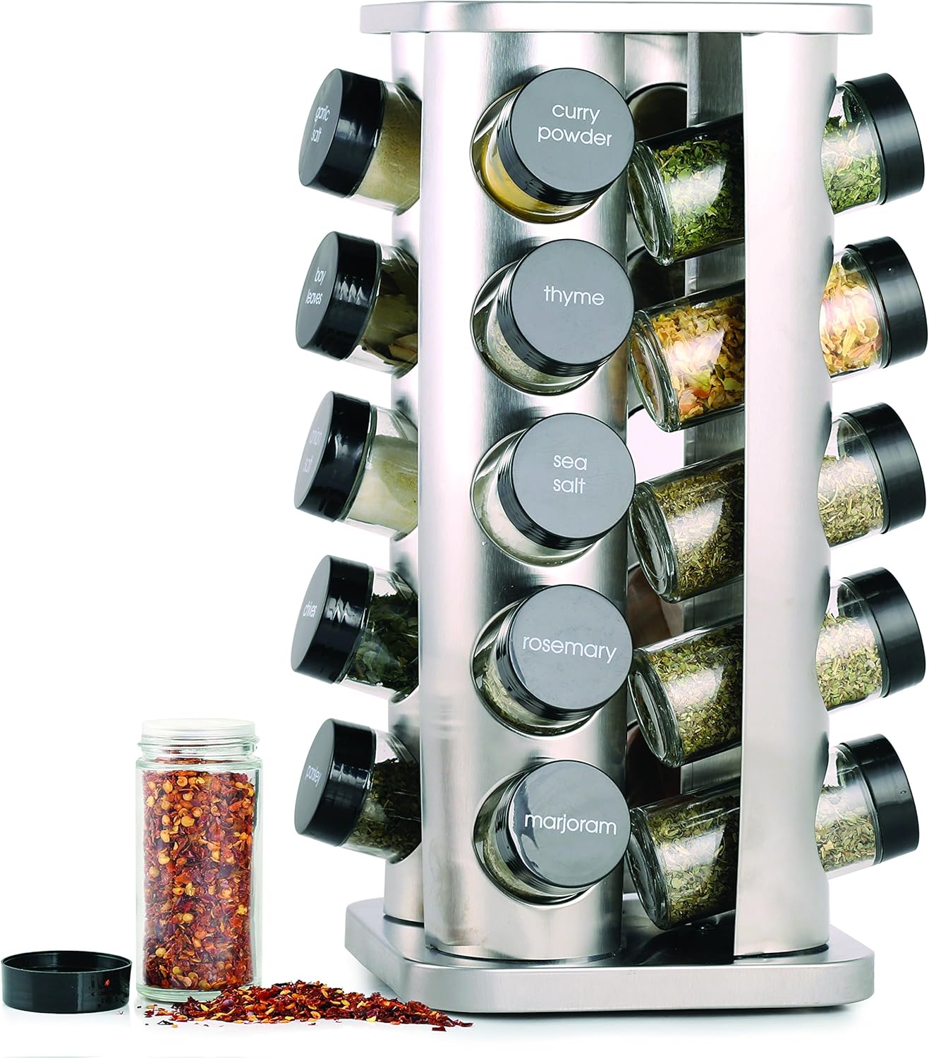 20 Jar Rotating Spice Rack with Spices Included & 5-Year Free Spice Refill Program – Stainless Steel Countertop Spice Rack with 3 oz Glass Jars
