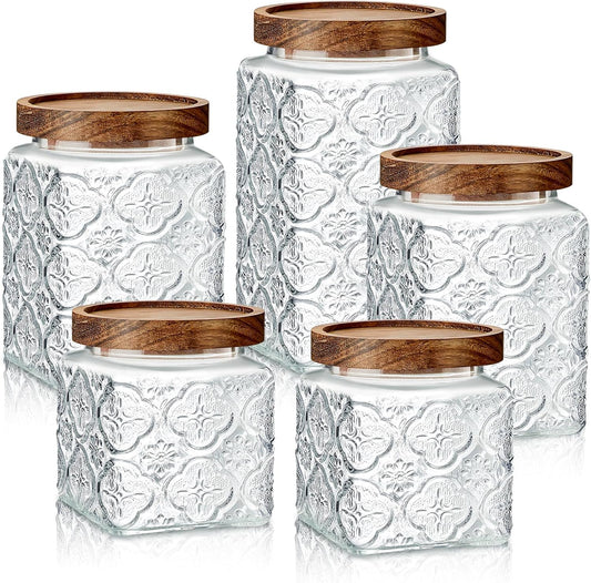 5 Pcs Vintage Glass Food Storage Containers 17/24/34 oz Glass Jar with Lid Airtight Candy Food Canisters for Kitchen Counter Pantry Coffee Beans(Clear,Begonia Square)