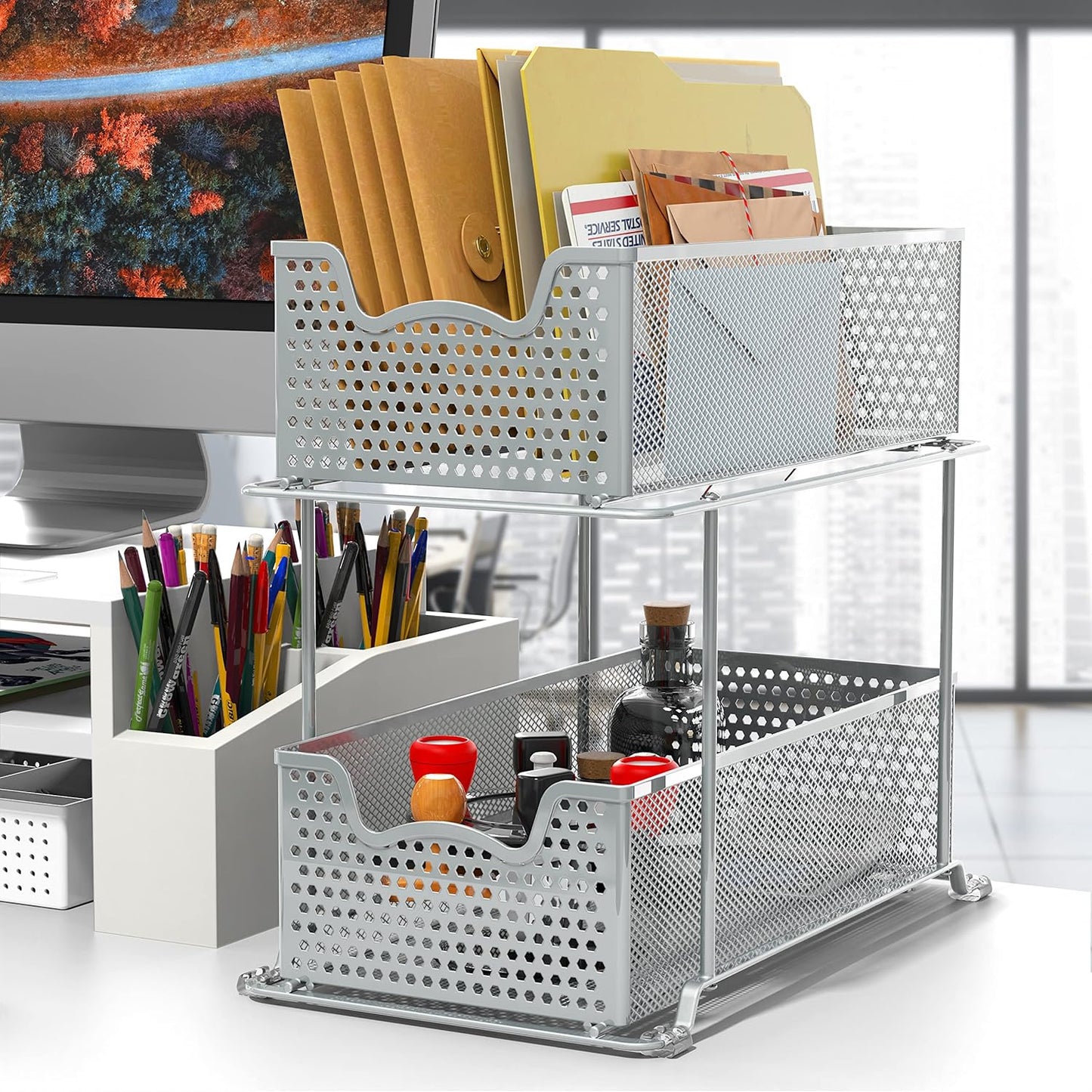2 Tier Sliding Cabinet Basket Organizer Drawer, Silver