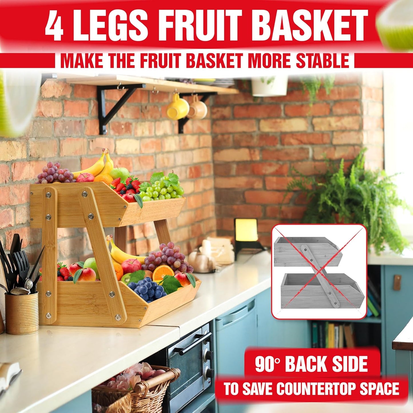 [Upgraded Length] 16.5-Inch Fruit Stand Storage Holder with 4 Sturdier Legs, 2-Tier Fruit Basket