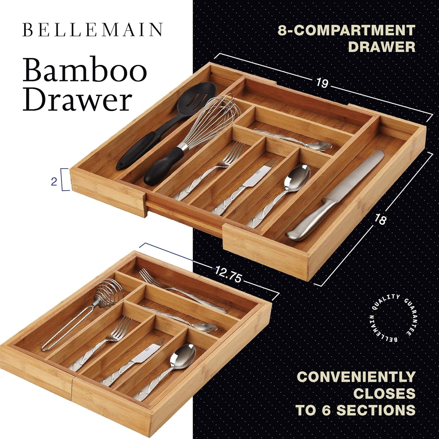 Expandable Bamboo Drawer Organizer - Large Kitchen Utensil Holder for Cutlery, Silverware