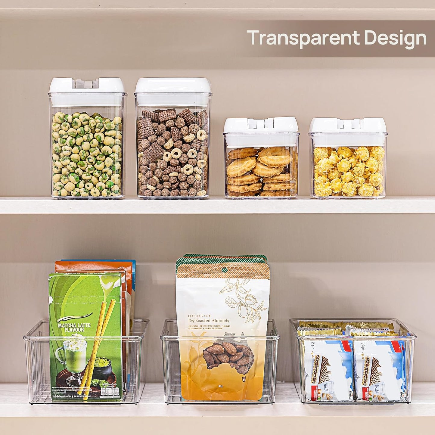 4 Pack Food Storage Organizer Bins, Clear Plastic Bins for Pantry, Kitchen, Fridge