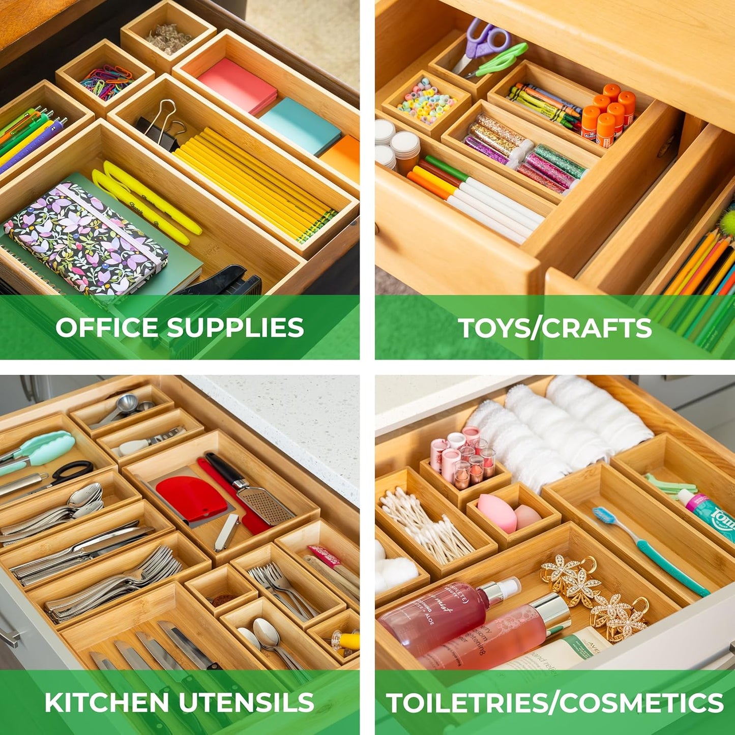 Bamboo Drawer Organizer Boxes - Set of 14 Wooden Drawer Organizers for Kitchen, Bathroom, Office