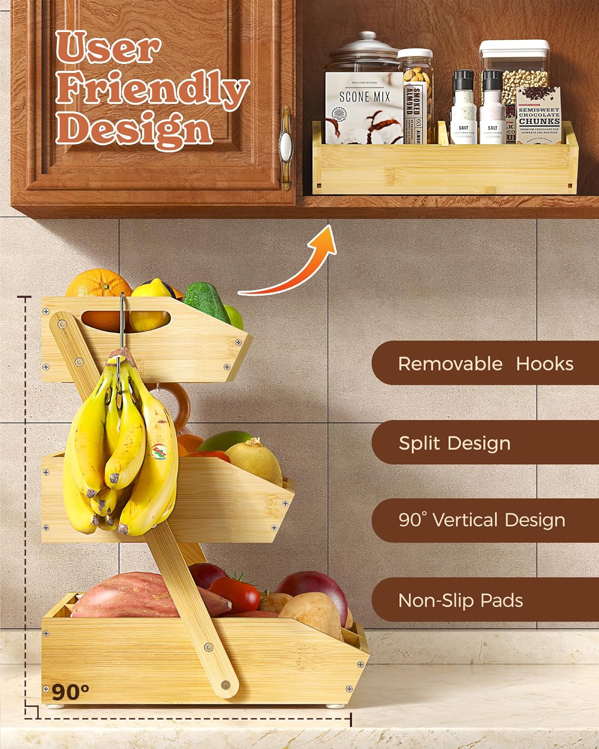 3 Tier Large Bamboo Fruit Basket for Kitchen Counter with 2 Banana Holders