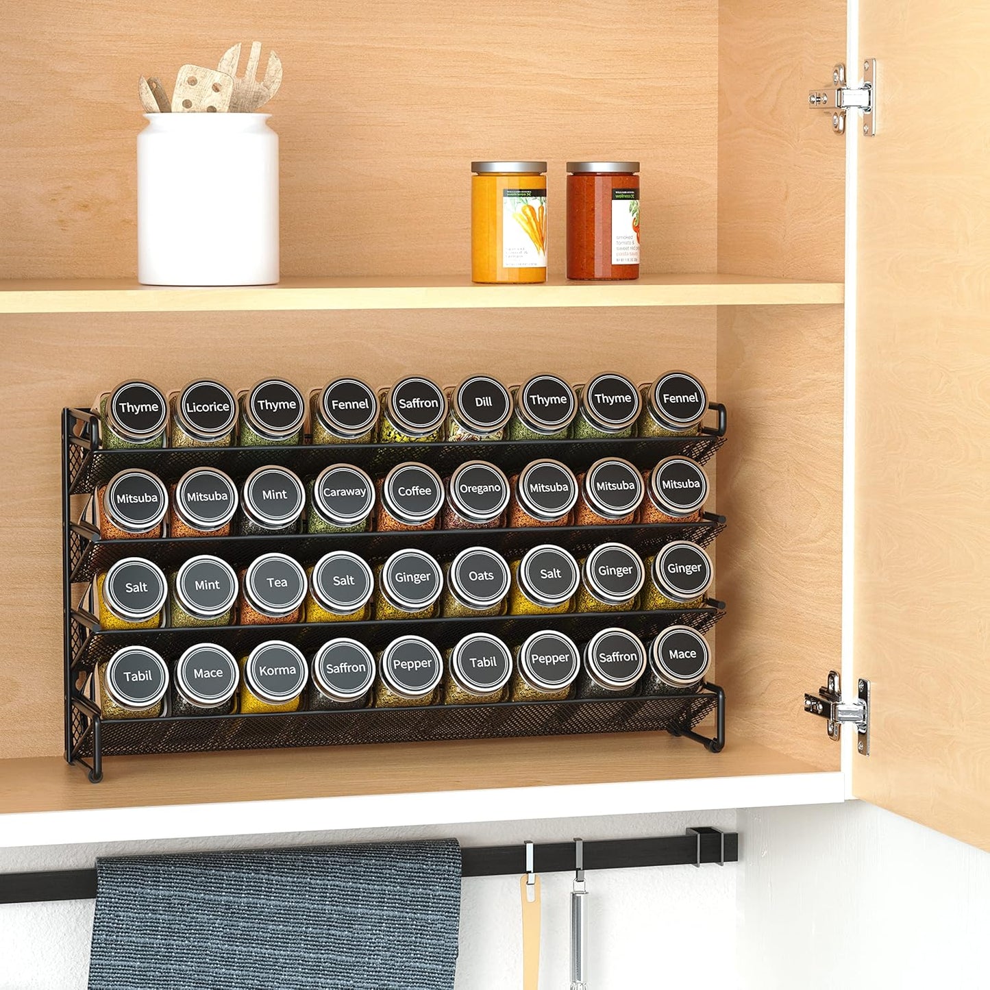 Spice Rack Organizer with 36 Spice Jars, 386 Spice Labels, Chalk Marker and Funnel Set for Cabinet