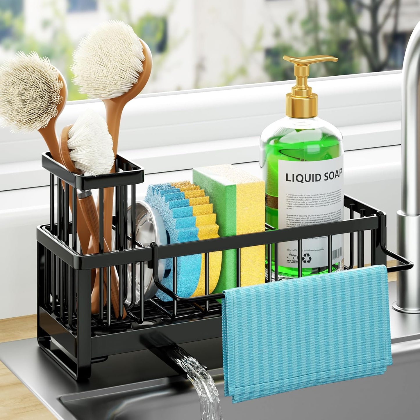 Sponge Holder for Kitchen Sink - Self-draining Sink Caddy with Brush and Dishcloth Holders