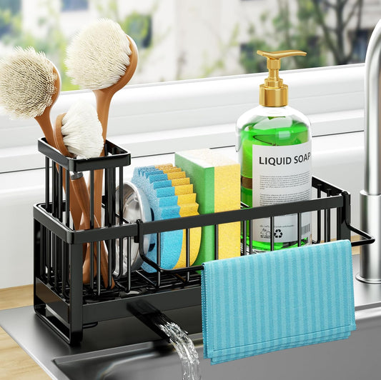 Sponge Holder for Kitchen Sink - Self-draining Sink Caddy with Brush and Dishcloth Holders