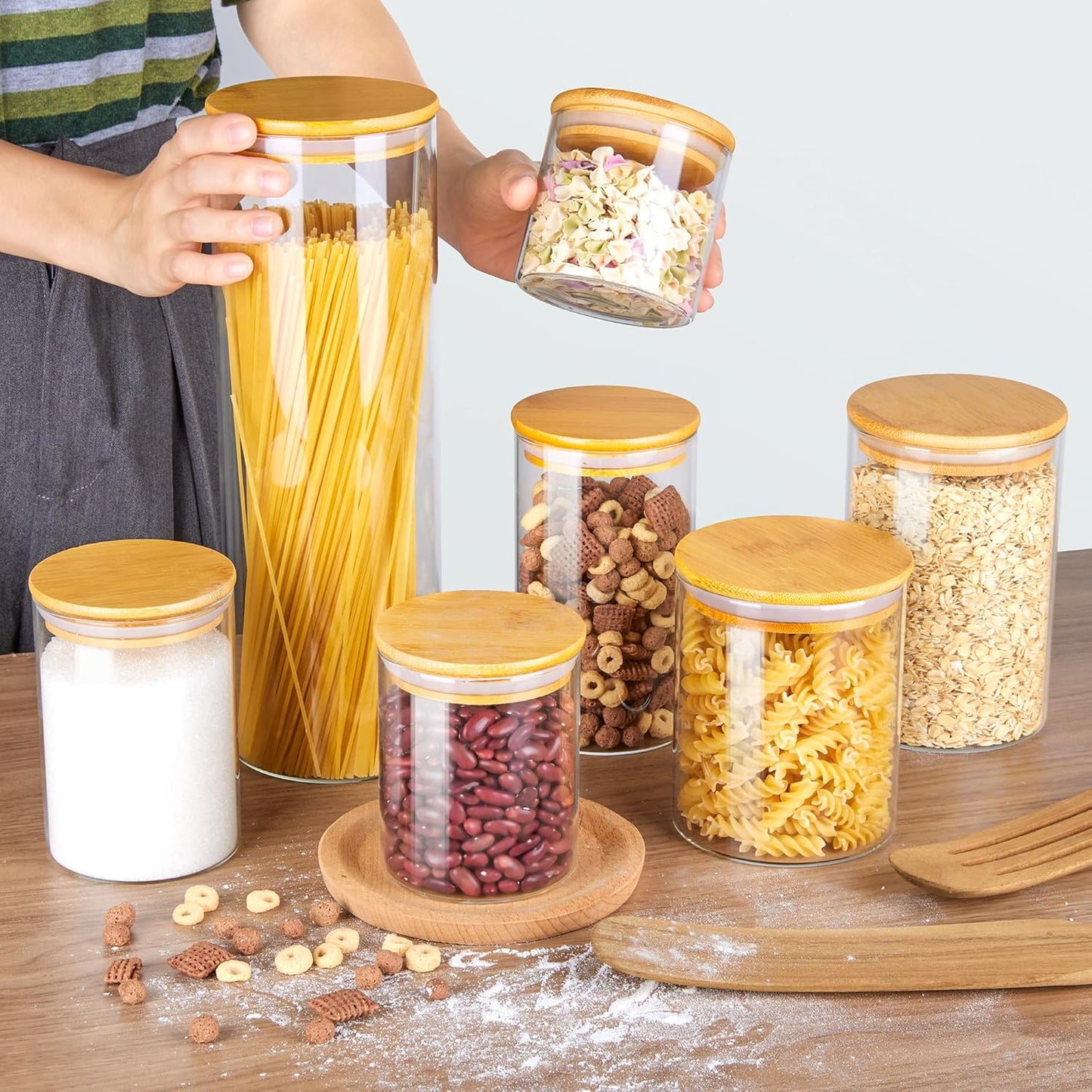Glass Food Storage Jars, 7 Pack Kitchen Containers with Airtight Bamboo Wooden Lids for Pasta
