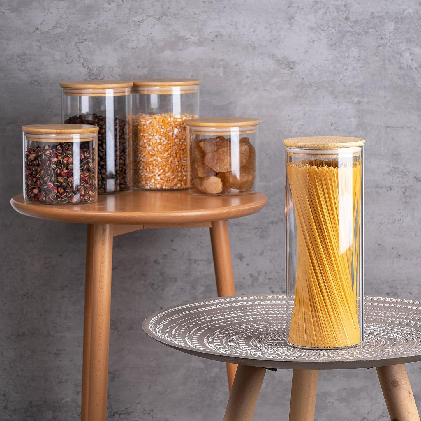 Glass Storage Jars [Set of 5],Clear Glass Food Storage Containers with Airtight Bamboo Lid Stackable Kitchen Canisters for Candy,Cookie,Rice,Sugar,Flour,Pasta,Nuts and Spice Jars(Square)