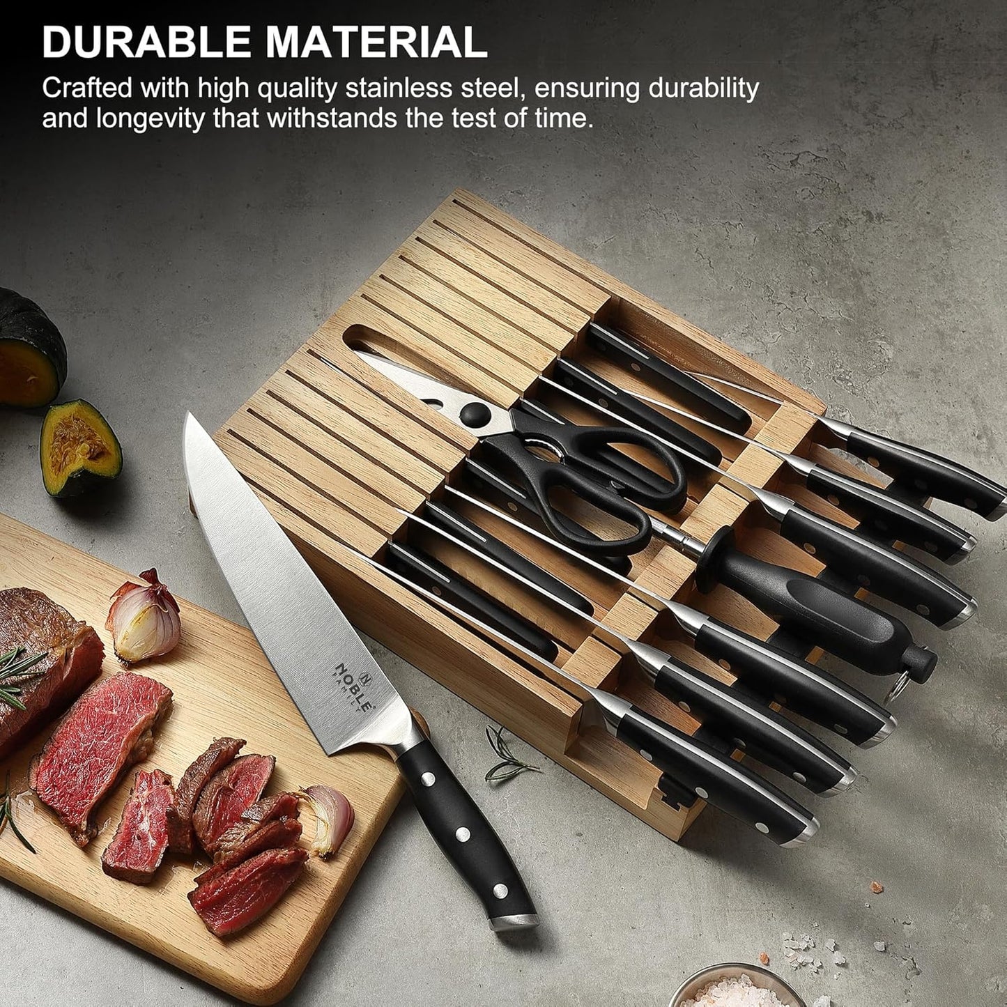 Knife Set with Block, N NOBLE FAMILY 16Pcs Kitchen Knives Drawer Organizer Set with Sharpener