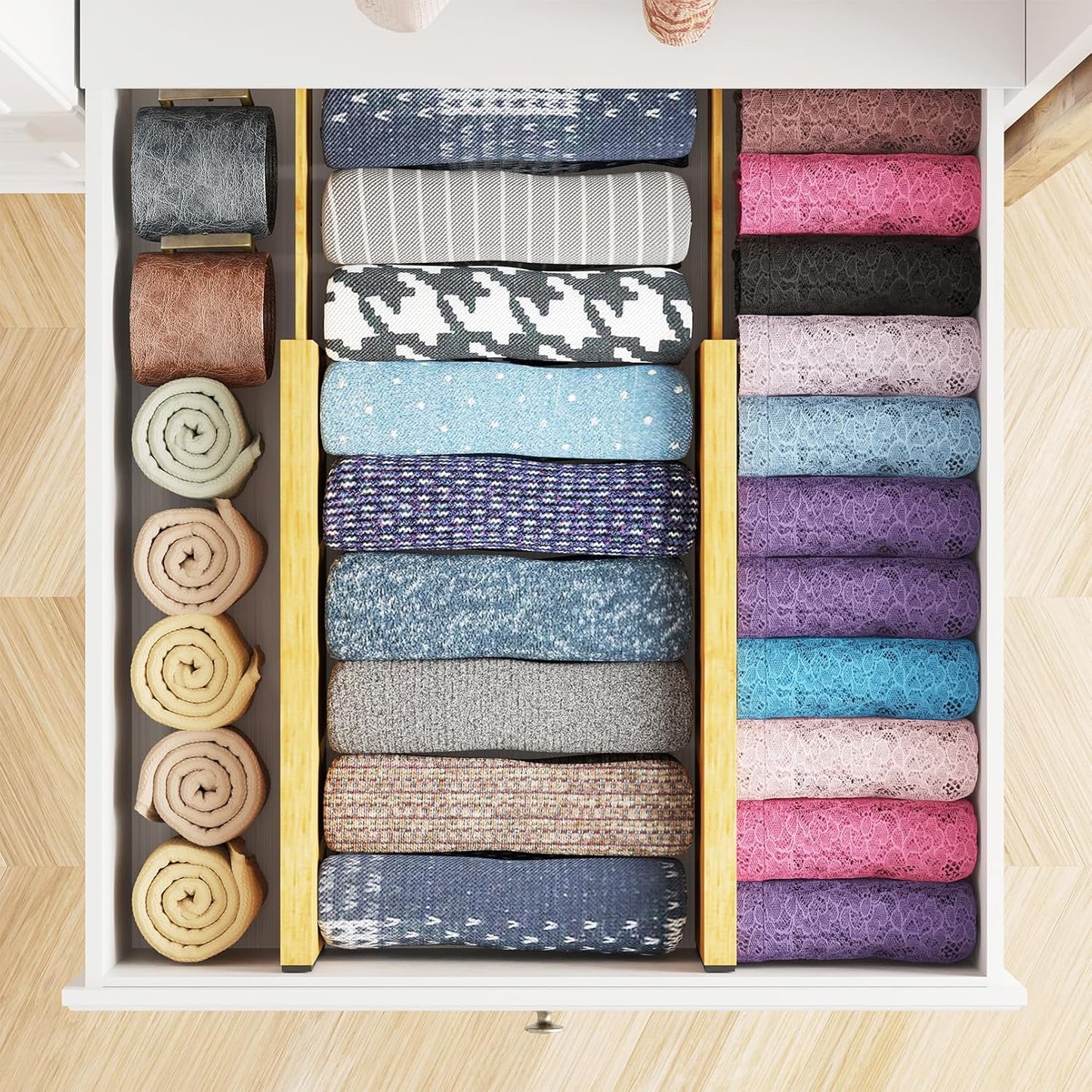 Bamboo 4 Pack Dresser Drawer Dividers, 4.65“ High Adjustable 12.5“-17” Drawer Organizers