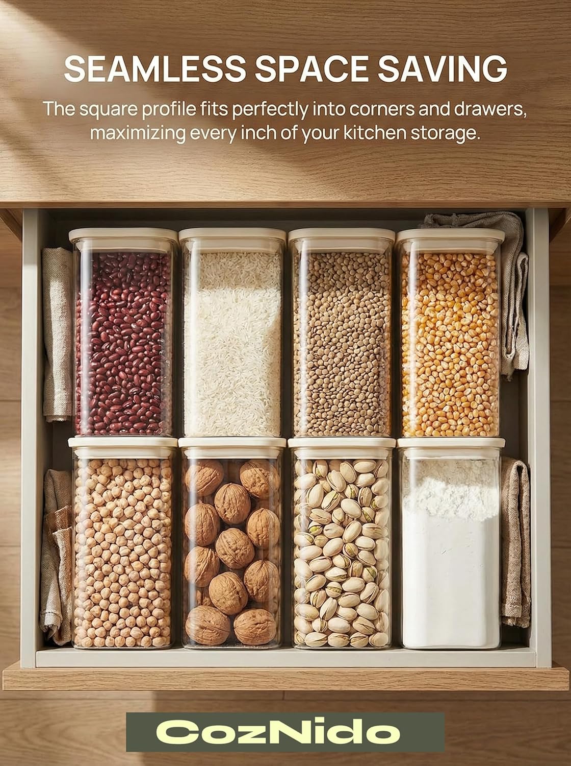 8pcs Square Glass Pantry Storage Jars with Clear Airtight Lids (1.22Qt/1.67Qt)