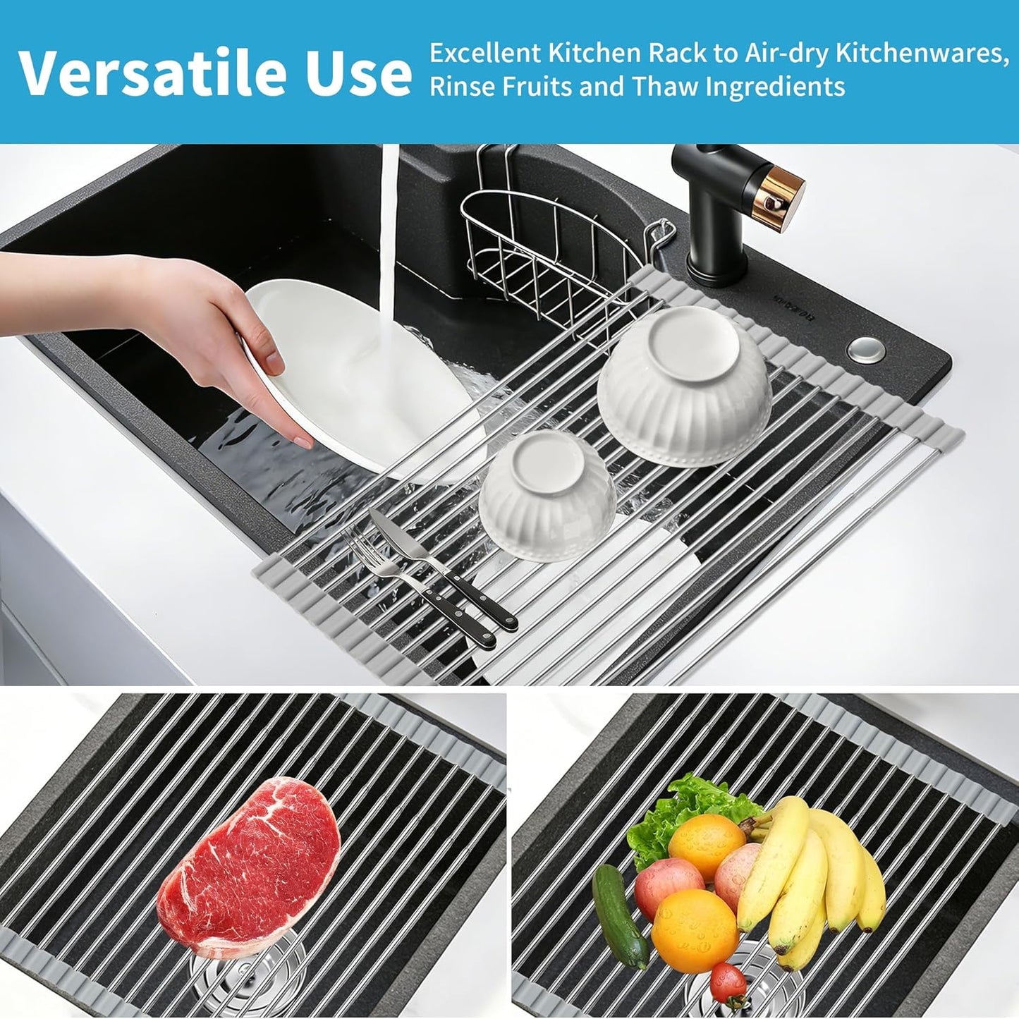 Expandable Roll-UP Dish Drying Rack-Large 304 Stainless Steel Dish Drainer Over The Sink for Kitchen Countertop,Extendable & Rollable & Food Grade (Silver,22.08'x 13.2')