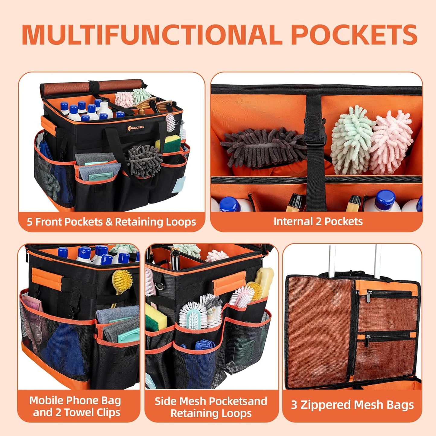 Large Rolling Cleaning Caddy with Wheels and Detachable Trolley