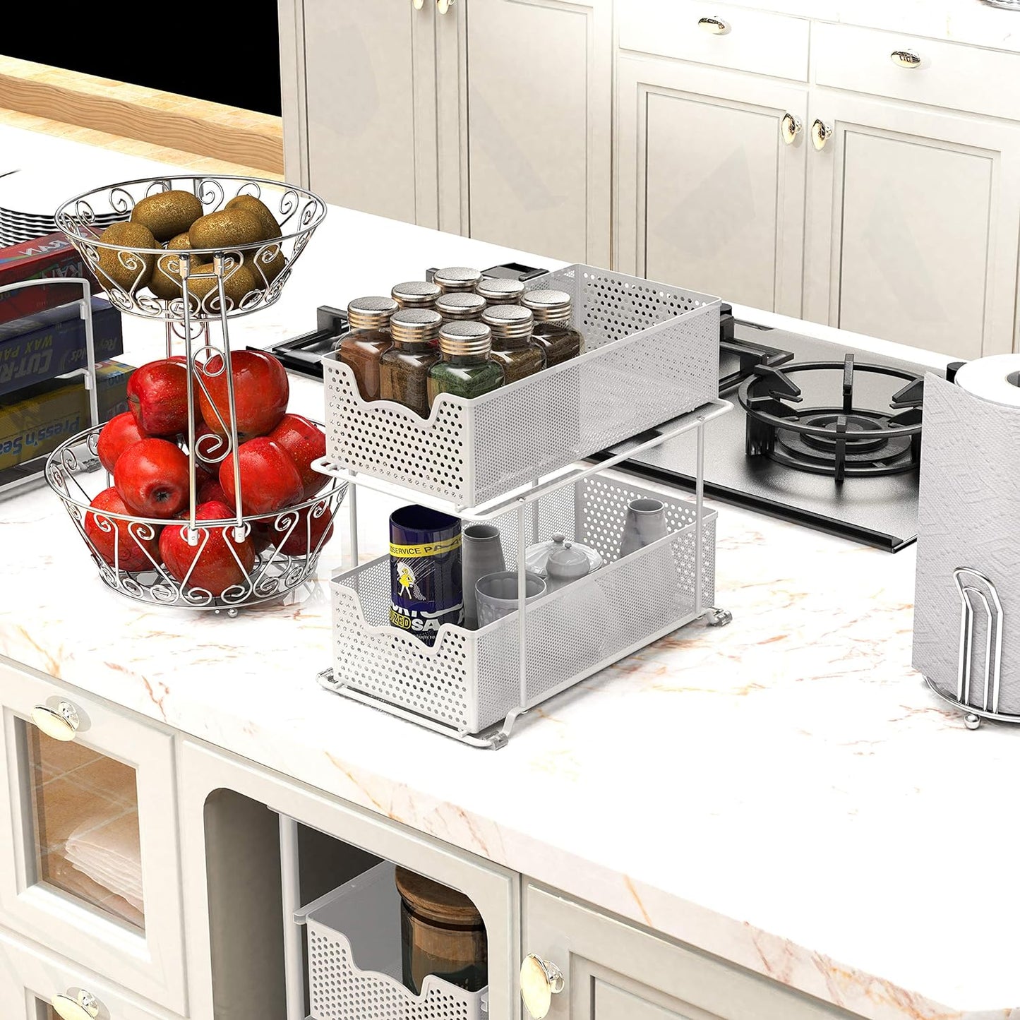 2 Tier Sliding Cabinet Basket Organizer Drawer, White