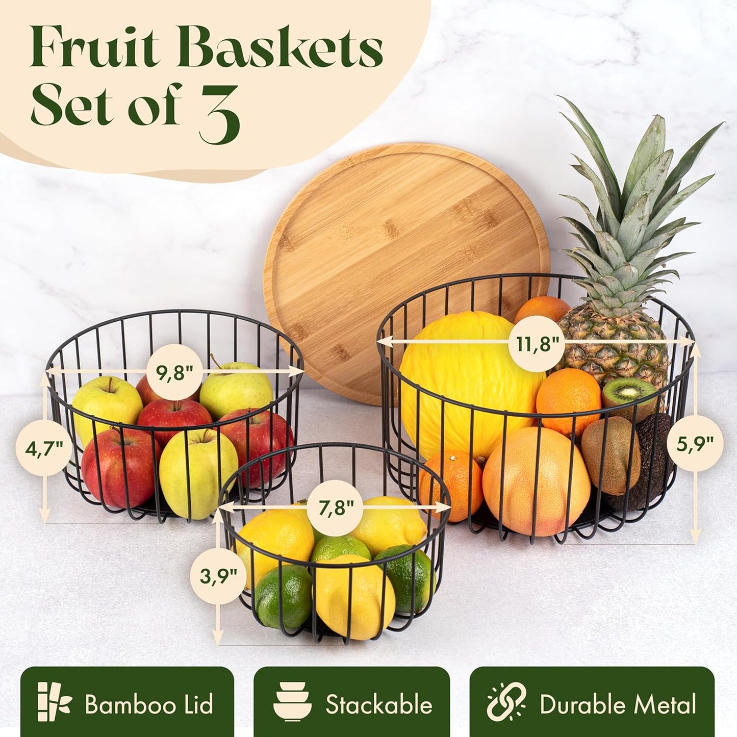 Fruit Basket for Kitchen Counter Set of 3 - Large Stackable Baskets with Bamboo Lid - Fruit Bowl