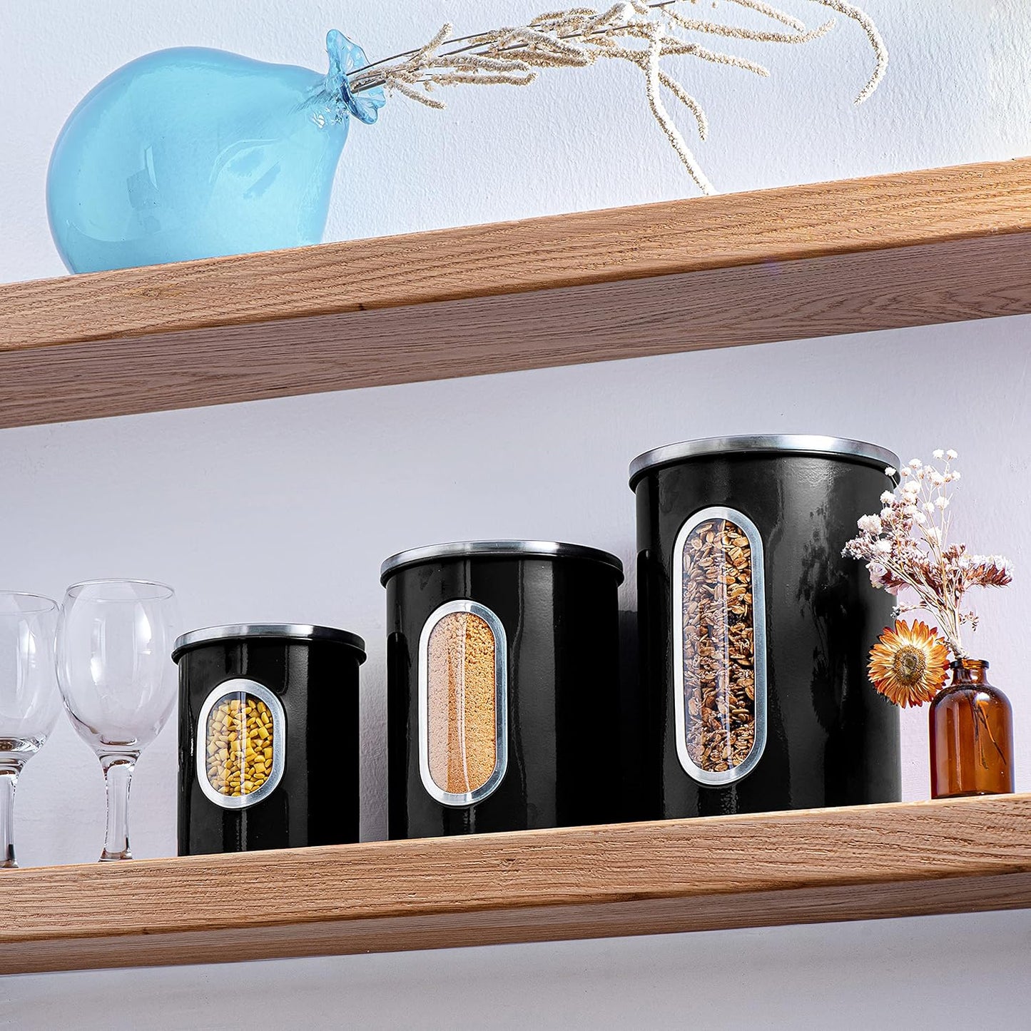 3-Piece Black Canisters Sets For The Kitchen, Airtight Canister Set With See Through Window
