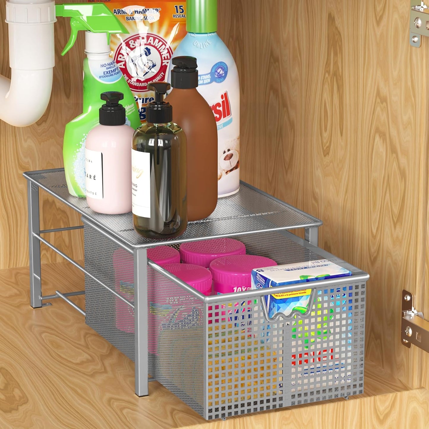 Stackable Pull Out Cabinet Sliding Basket with Dividers, Large, Silver