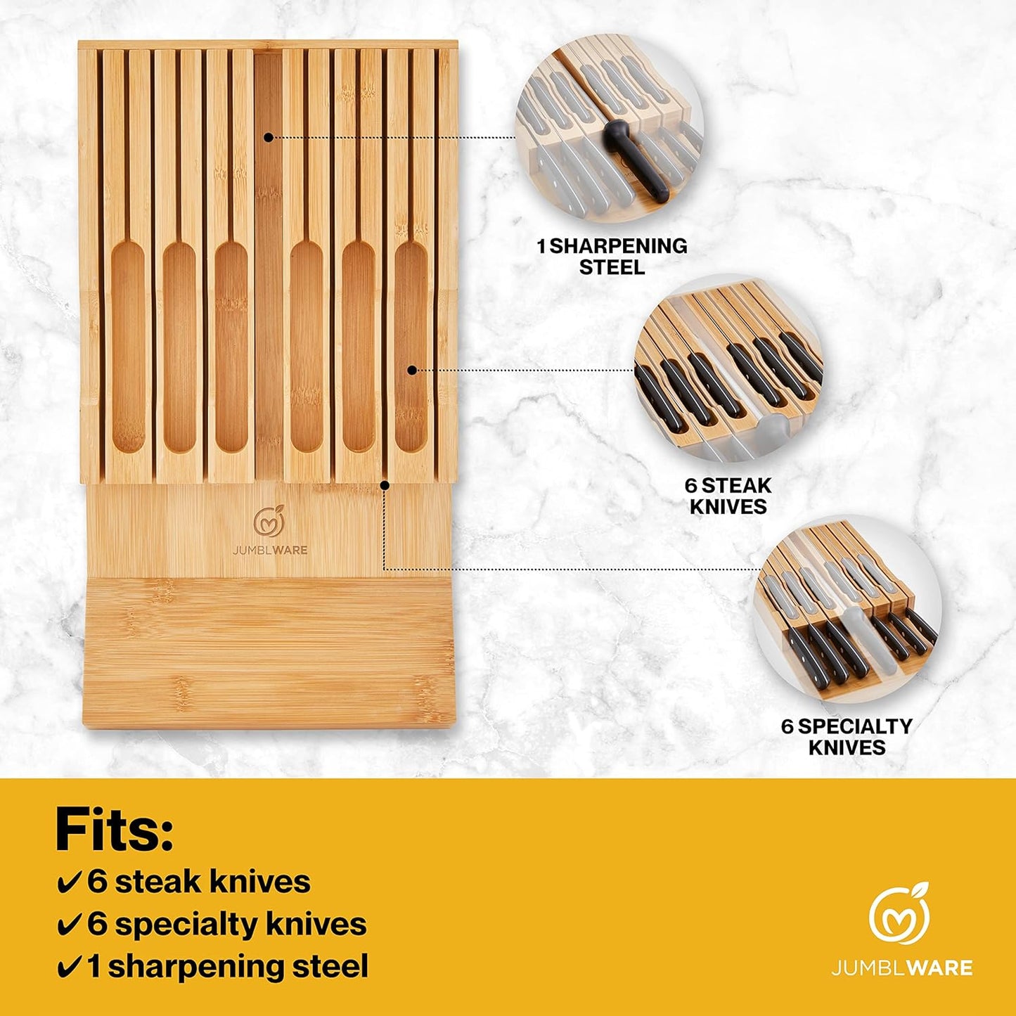 Bamboo In-Drawer Knife Block Wooden Organizer & Cutlery Holder Insert for Inside Drawer