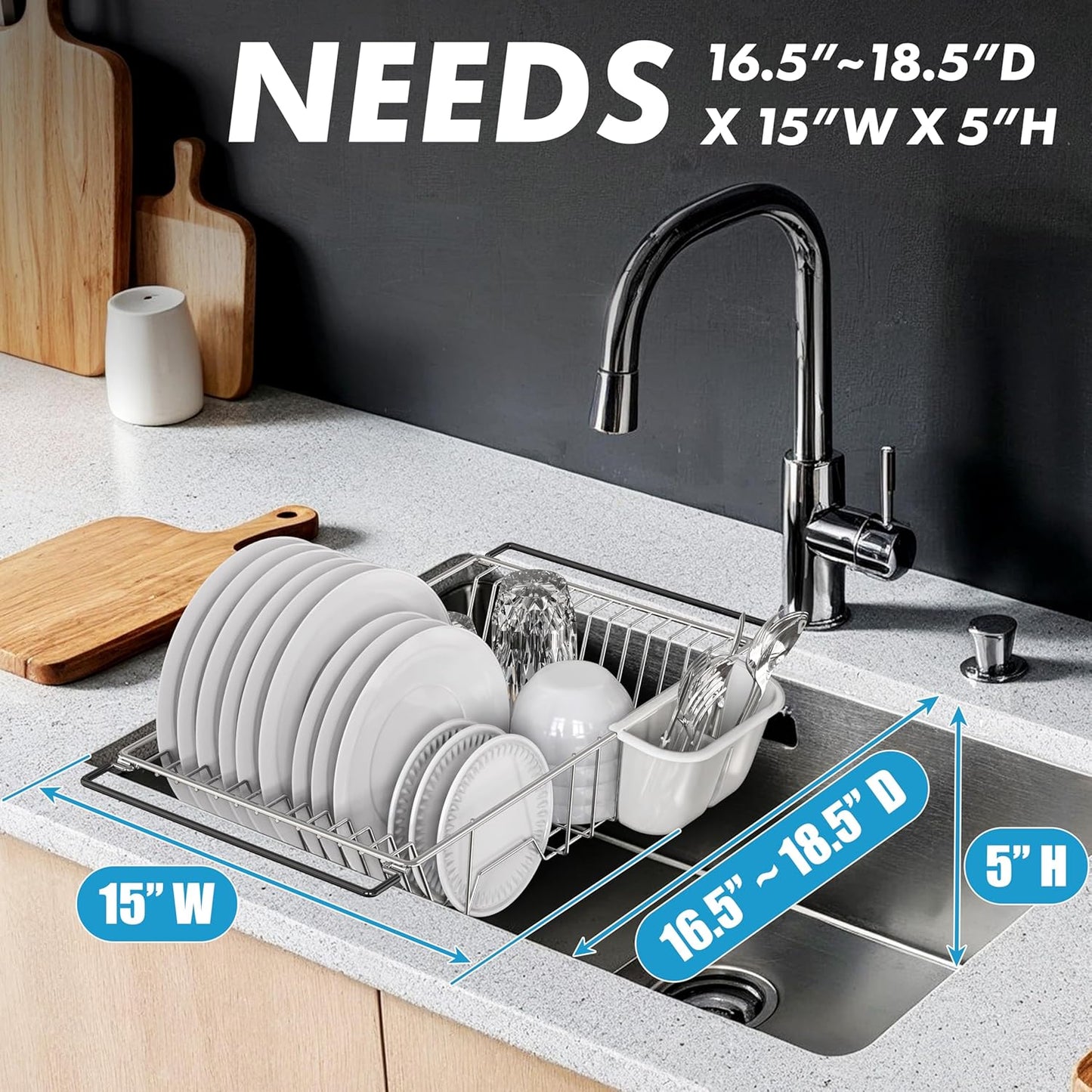 Large Over Sink Counter Top Stainless Steel Dish Drainer Drying Rack with Utensil Holder, Chrome
