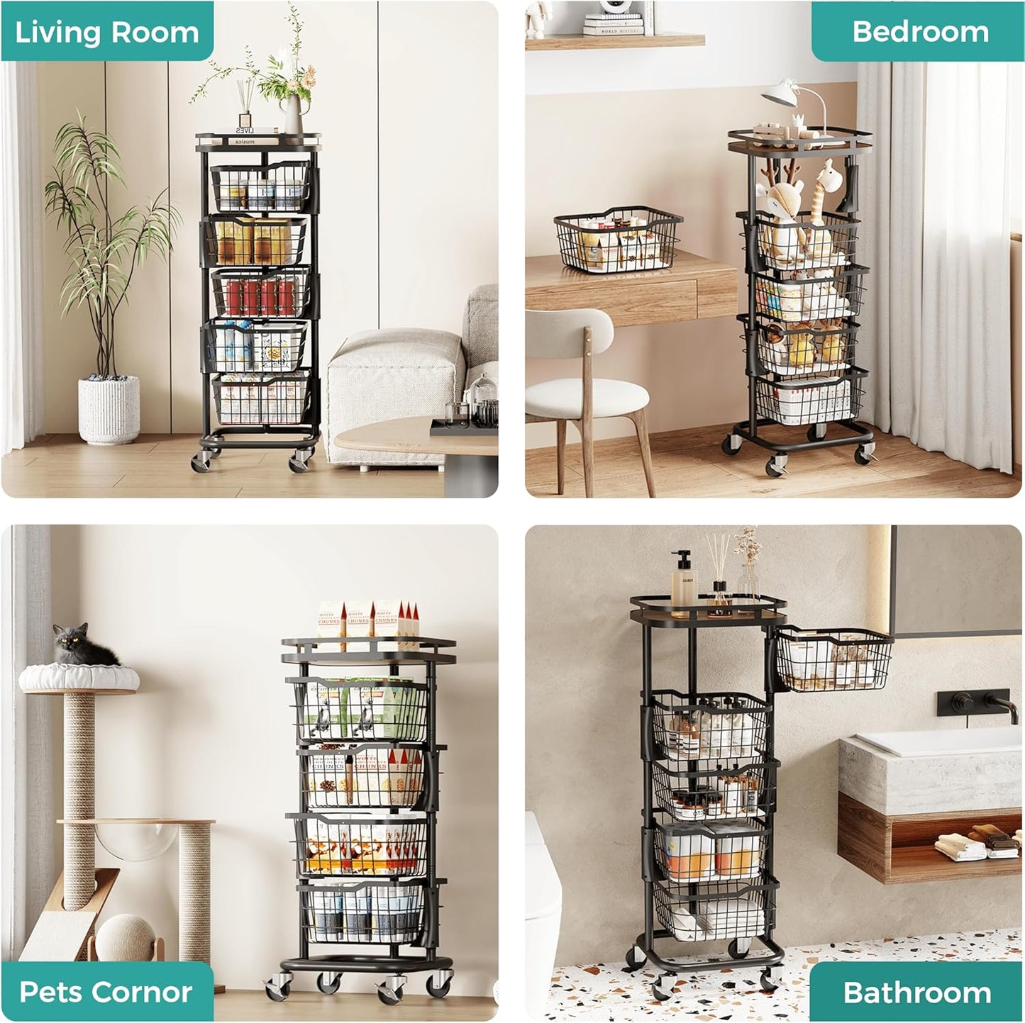 5 Tier Kitchen Fruit Vegetable Storage Cart with One-Piece Rotating Basket