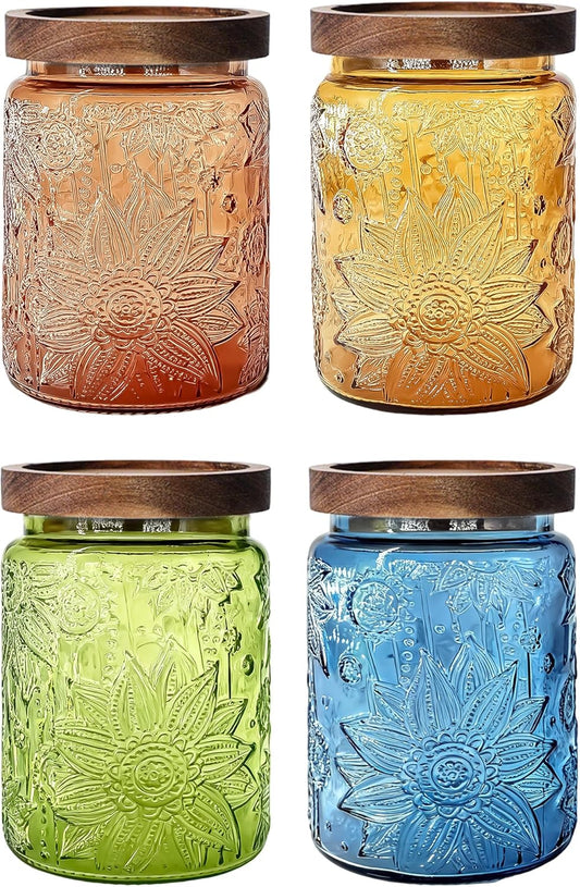 Glass Jars with Airtight Wood Lids – 4 PC 24 OZ Vintage Storage Canisters Set for Kitchen Pantry Bathroom, Decorative Beautiful Containers for Coffee, Cookie, Sugar, Tea, Candy, Snack, Salt, Sunflower