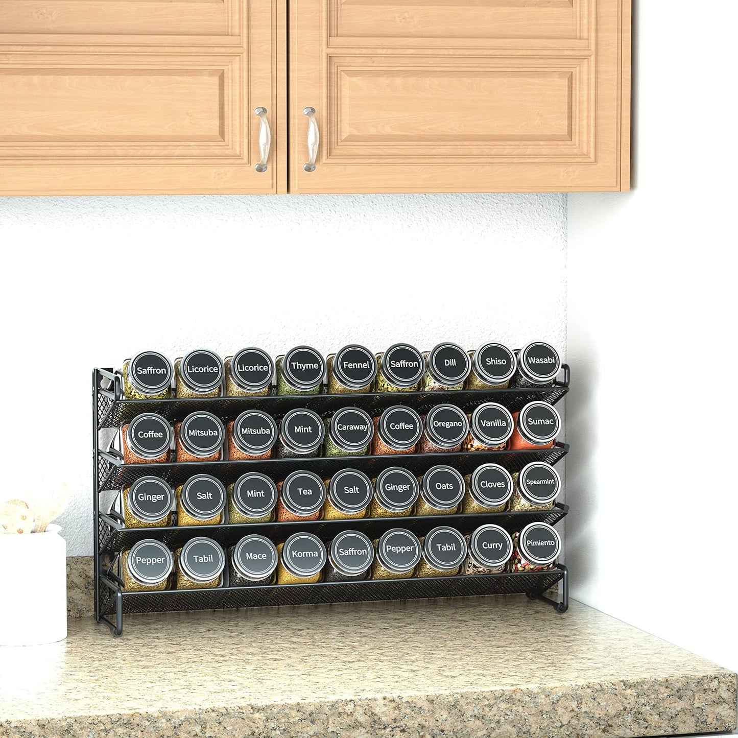Spice Rack Organizer with 36 Spice Jars, 386 Spice Labels, Chalk Marker and Funnel Set for Cabinet