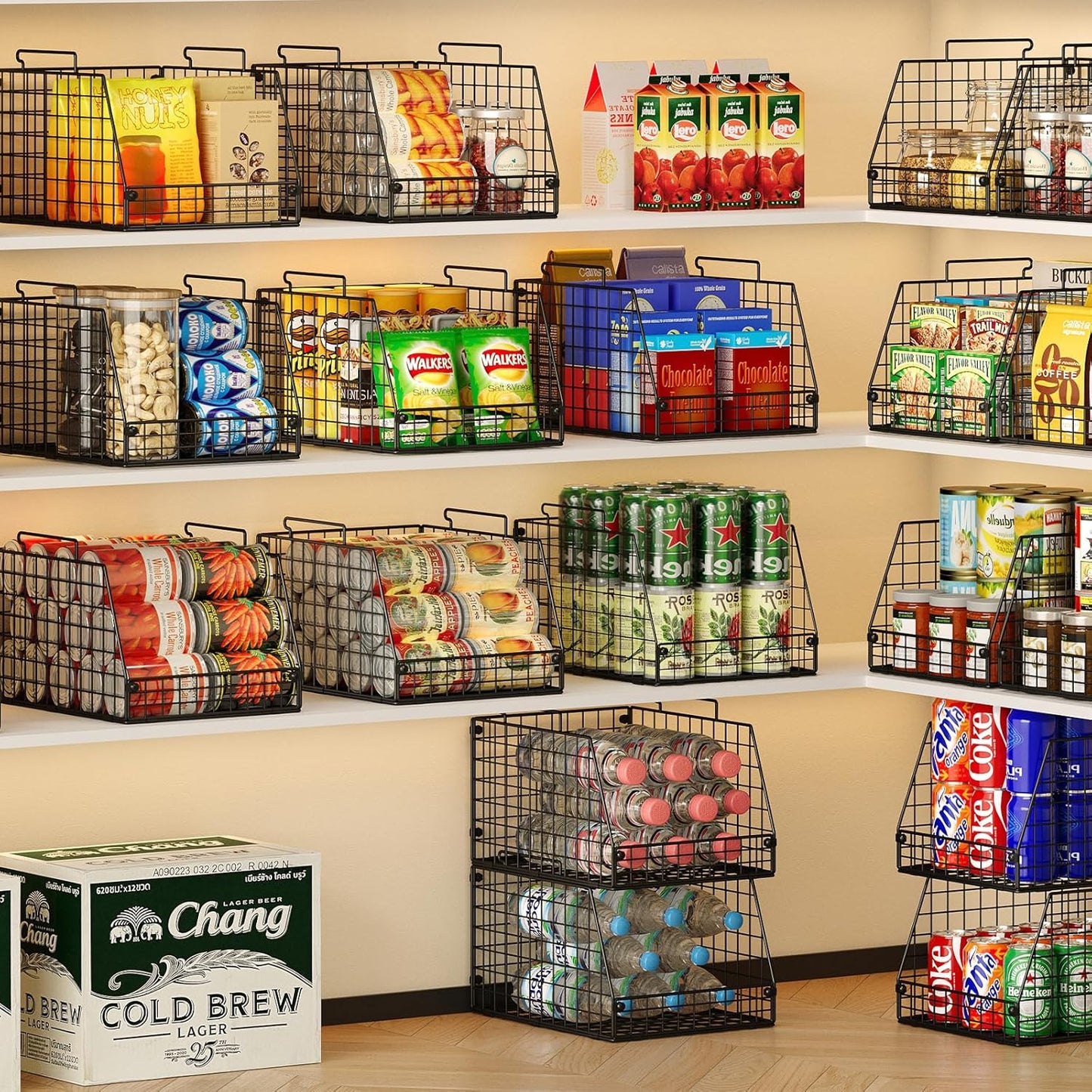 4 Pack XXL Stackable Wire Storage Basket, Extra Large Capacity Pantry Organizer and Storage