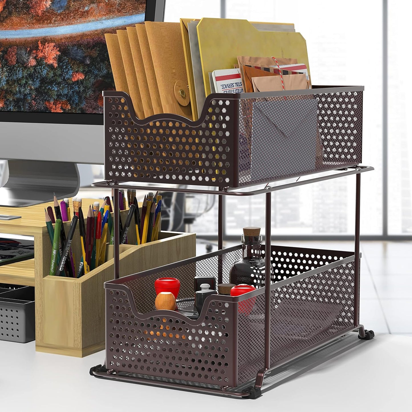 2 Tier Sliding Cabinet Basket Organizer Drawer, Bronze
