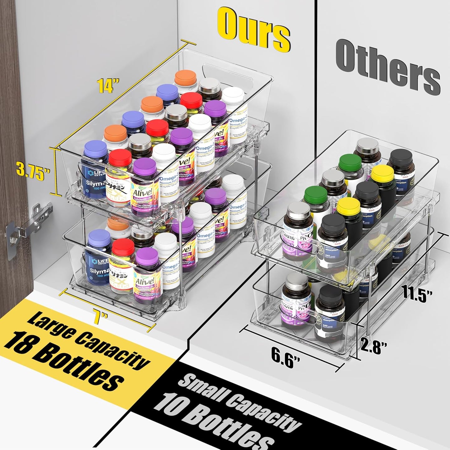 2 Tier Basket Drawer Cabinet Pull-Out Organizer, 2 Pack, Clear