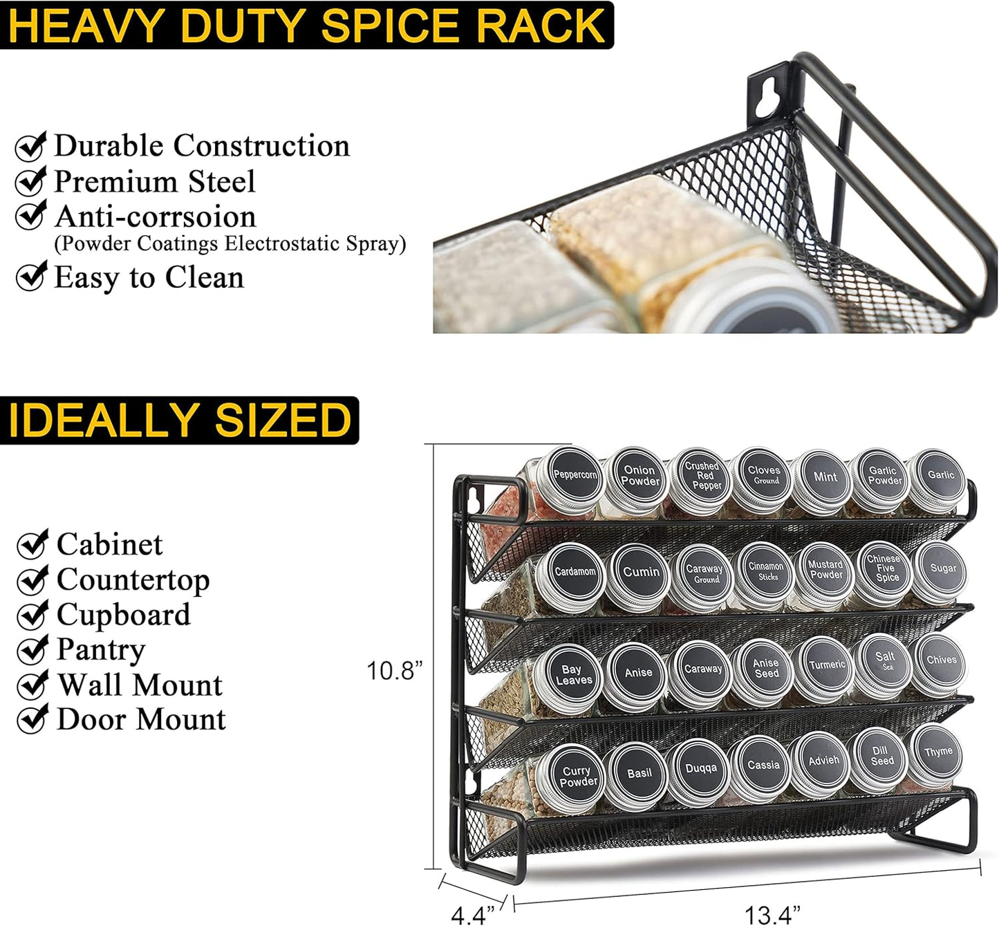 Spice Rack Organizer with 28 Spice Jars, 386 Spice Labels, Chalk Marker and Funnel Set for Cabinet