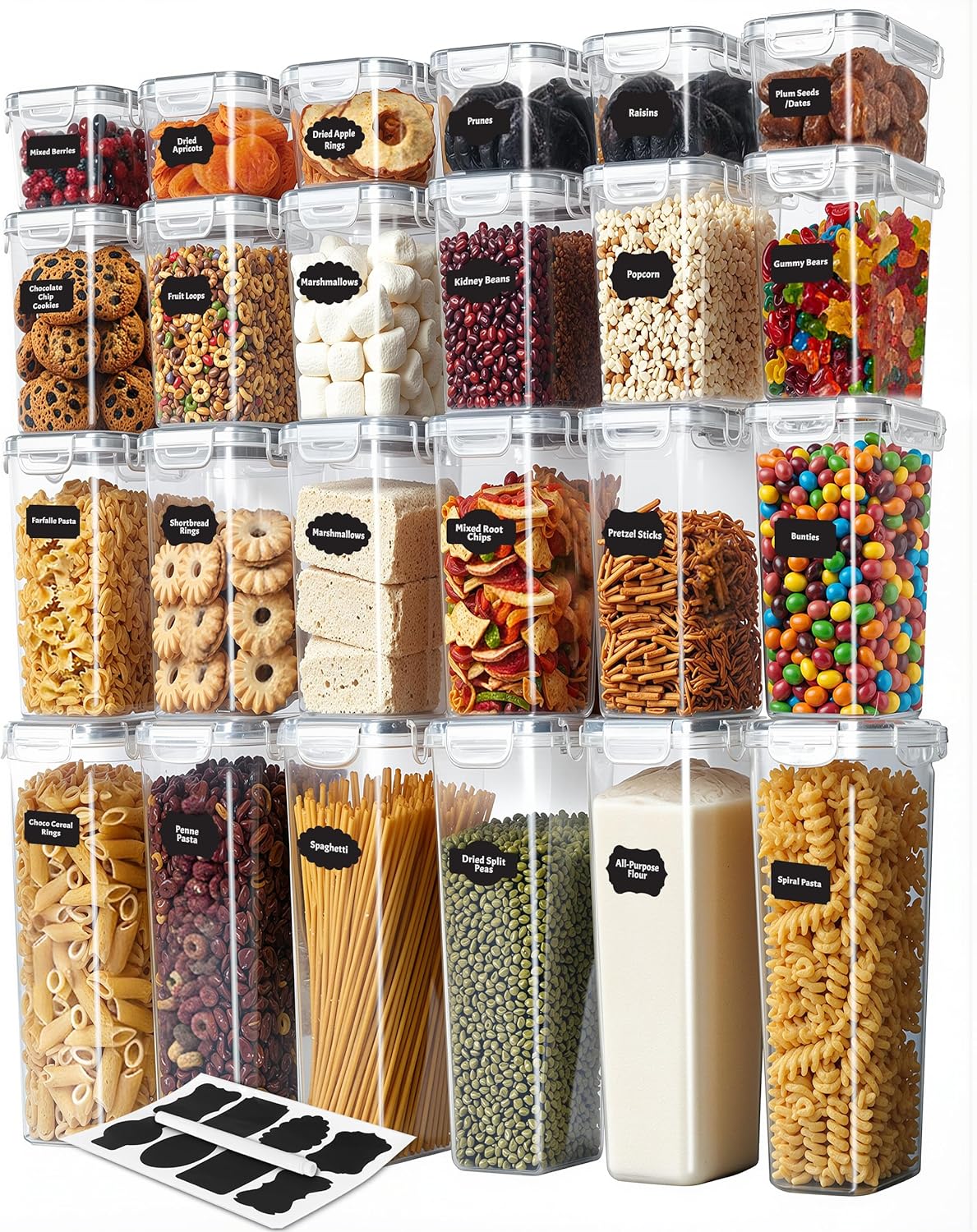 Airtight Food Storage Containers Set with Lids – 24 Pack BPA-Free Plastic Pantry Organizers for Cereal, Flour, Sugar & Dry Food (Clear)