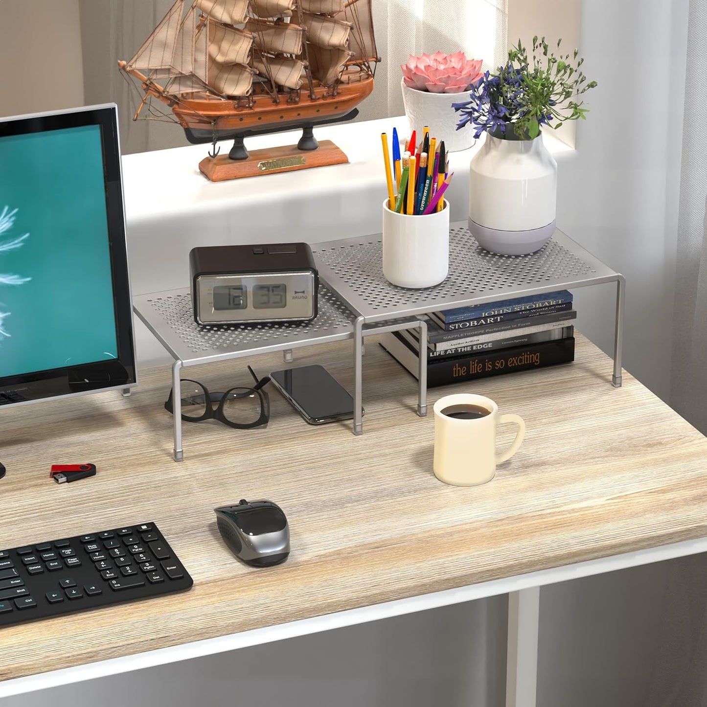 Expandable Cabinet Shelf Organizer for Kitchen Cabinet and Counter, Grey