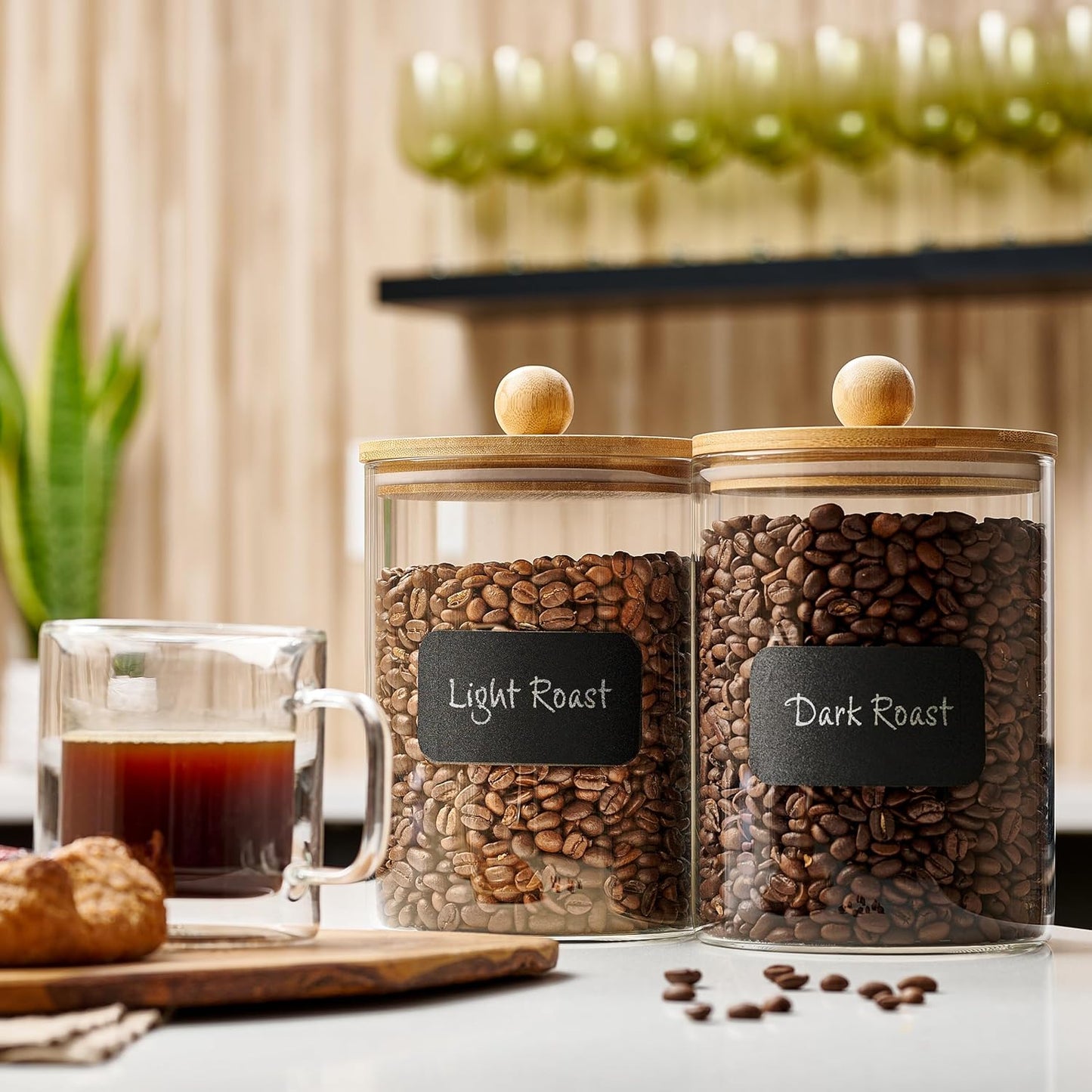 1 Gallon Glass Canister Set for Kitchen Counter with Airtight Bamboo Lids + Marker & Labels