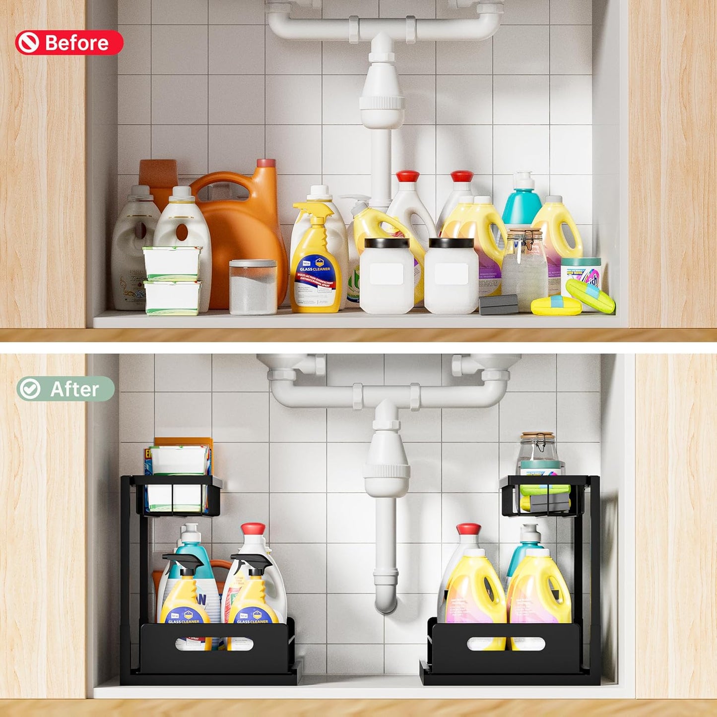 Under Kitchen Sink Organizer 2 Tier, Pull Out Bathroom Sink Organizers and Storage
