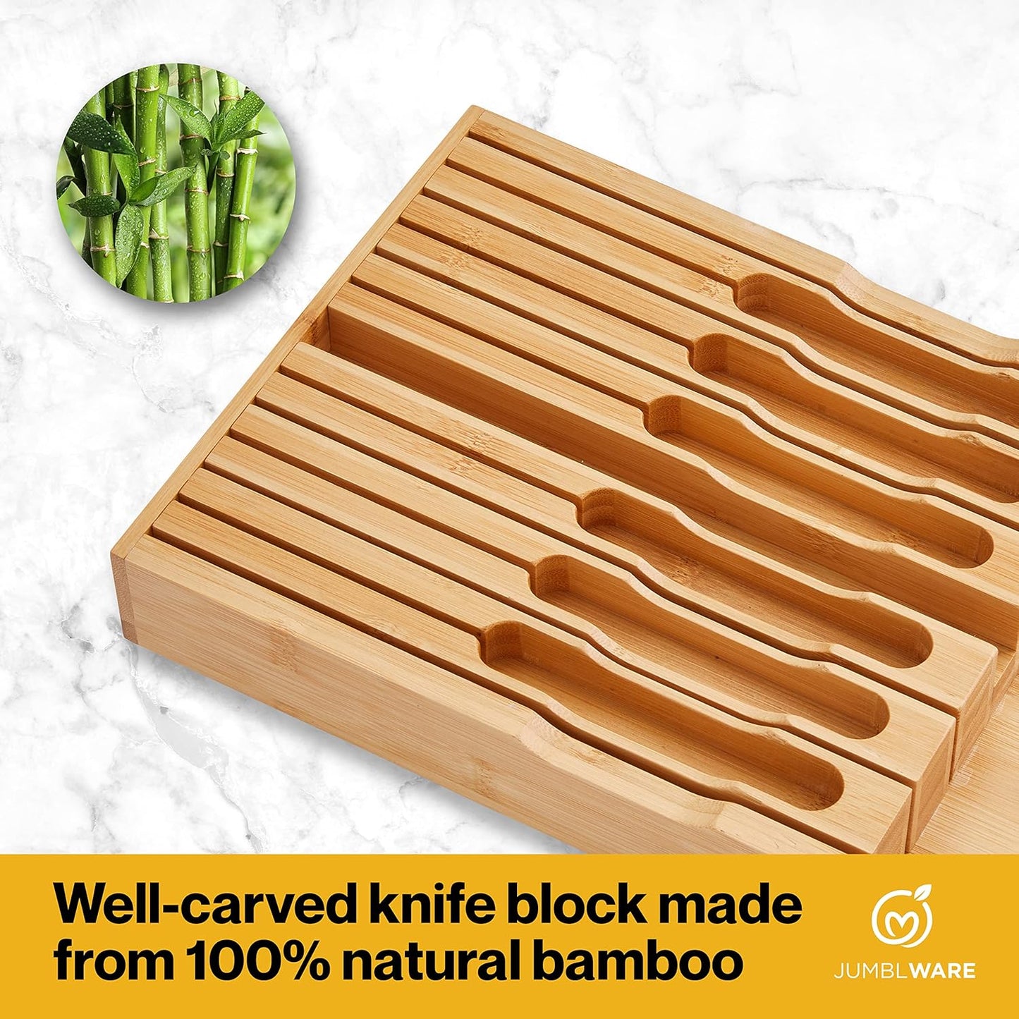 Bamboo In-Drawer Knife Block Wooden Organizer & Cutlery Holder Insert for Inside Drawer