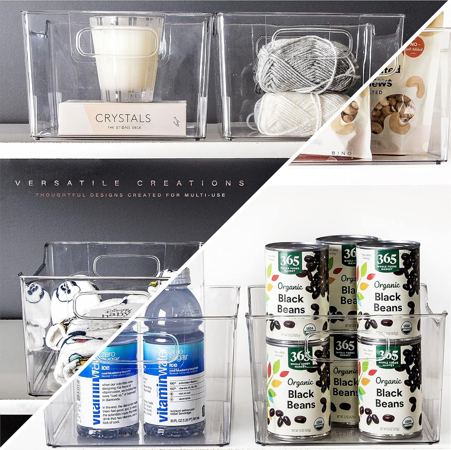 Plastic Storage Bins - 4 Pack | THE LODGE COLLECTION | Clear Storage | Containers for Organizing with Handles | Pantry Kitchen Organization | Fridge Organizer | Bathroom | Shelves Cabinet