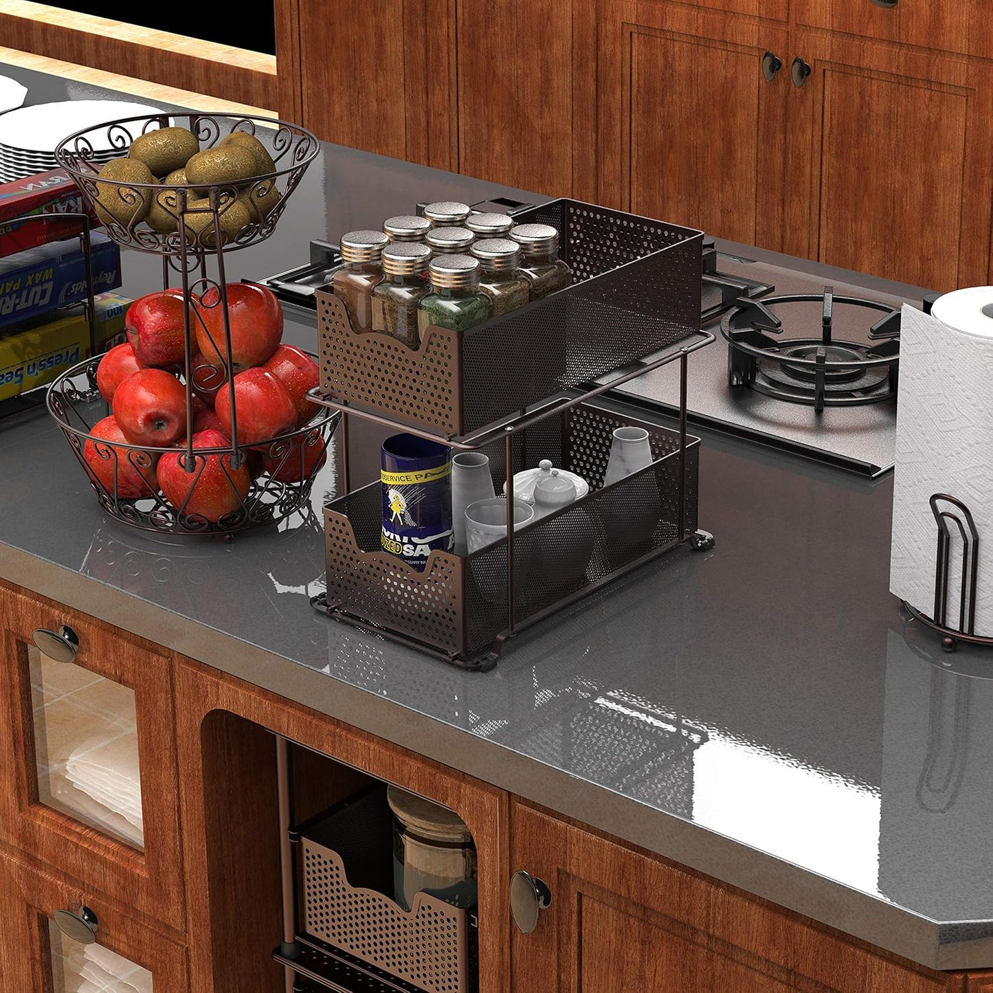 2 Tier Sliding Cabinet Basket Organizer Drawer, Bronze